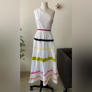 J.Crew one-shoulder maxi dress in cotton poplin w/ color ribbon stripes. Size 12